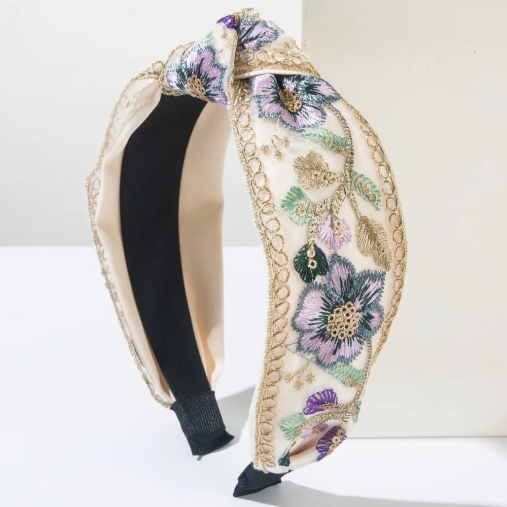 Embroidered Floral Headband - Cream with Purple Flowers Gold Accents